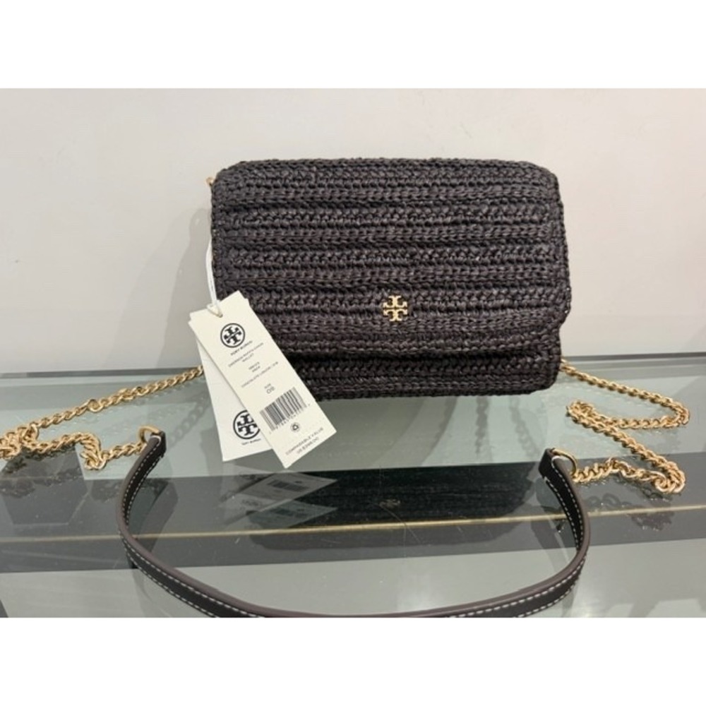 NEW $398 TORY BURCH Emerson Chocolate Liquor Raffia Chain Wallet Bag